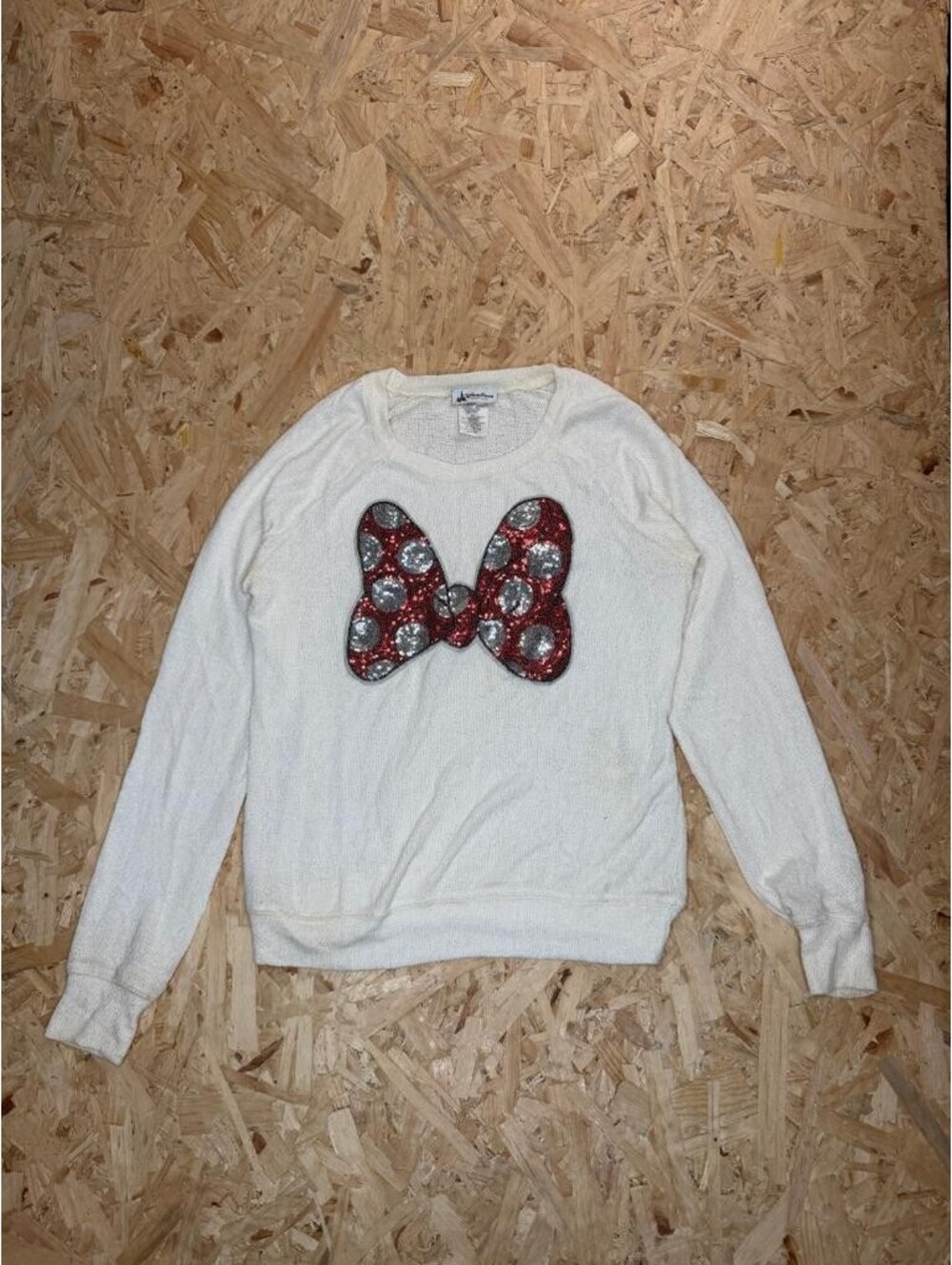 Disney Parks Minnie Mouse Sequin Bow Sweater Womens Small Ivory Knit Pullover